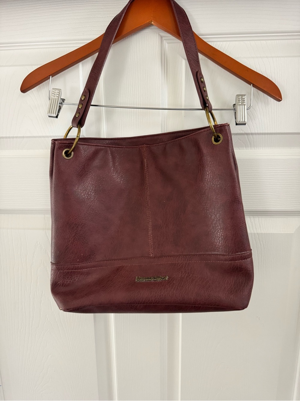 Montana West Burgundy Leather Shoulder Bag with Brass Accents